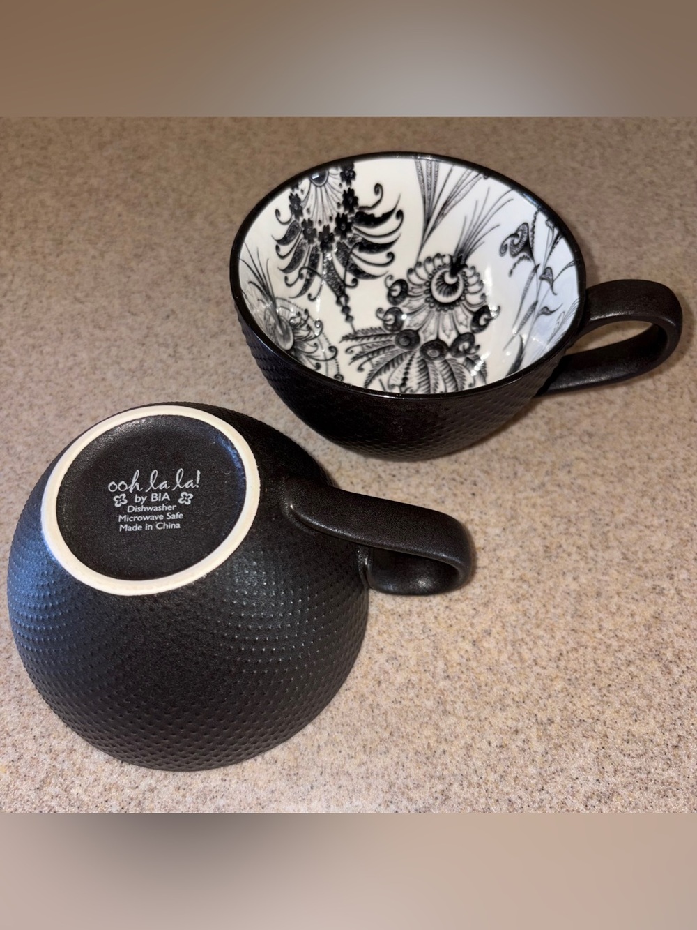 Ooh La La by BIA Mug Cup 16oz Lof Of 2 Floral Jumbo Black & White Coffee Tea